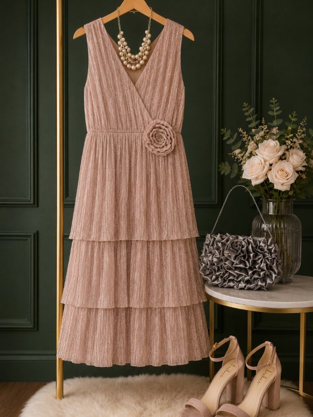 NY & Company Rosé Champagne Shimmer Tiered Cocktail Dress NWT